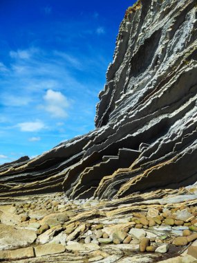Sharped cliff with blue sky and rounded rocks in northern Spain