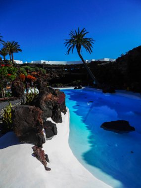 Mavi havuz volkanik kaya ve palmiye ağaçları, Jameos del Agua