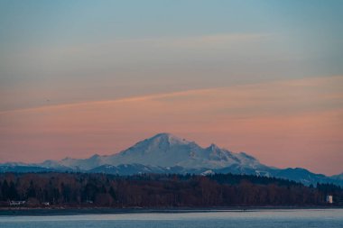 Mount Baker at sunset time with two wild geese flew by