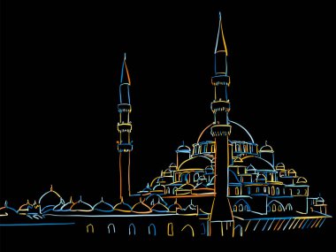 Renkli İstanbul Camii Siyaha Çizim