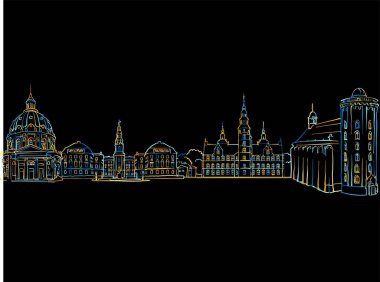 Renkli Kopenhag Danimarka Panoraması Siyaha Çizim