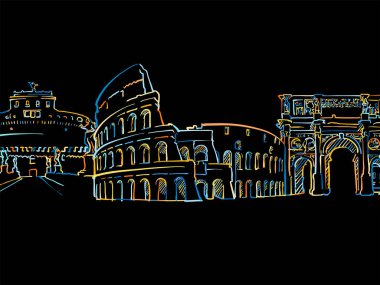 Renkli Roma Panoraması Siyaha Çizim