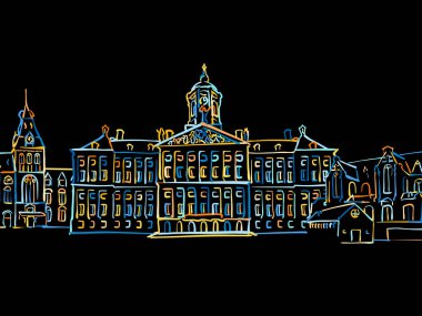 Renkli Amsterdam Panoraması Siyaha Çizim