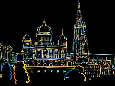 Renkli Bern Panoraması Siyaha Çizim