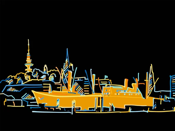 Colorido Panorama Hamburgo Dibujo Sobre Negro Boceto Vectorial Bien Elaborado — Vector de stock