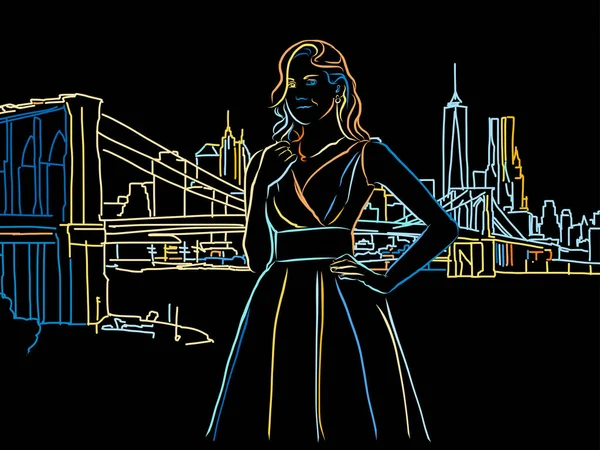 Kleurrijk Meisje Voorkant Van New York Skyline Tekenen Zwart — Stockvector