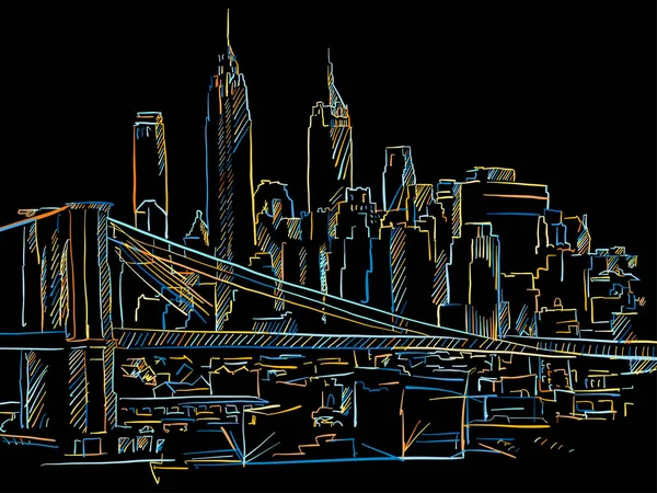 Colorido Manhattan Brooklyn Bridge Dibujo Sobre Negro — Vector de stock