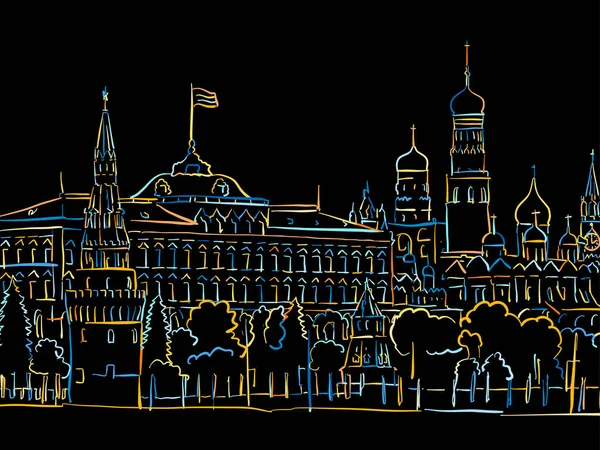 Kleurrijk Kremlin Moskou Panoramisch Tekening Zwart — Stockvector