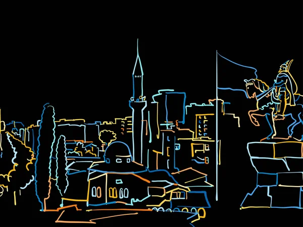 Kleurrijke Tirana Albanië Panorama Tekenen Zwart — Stockvector
