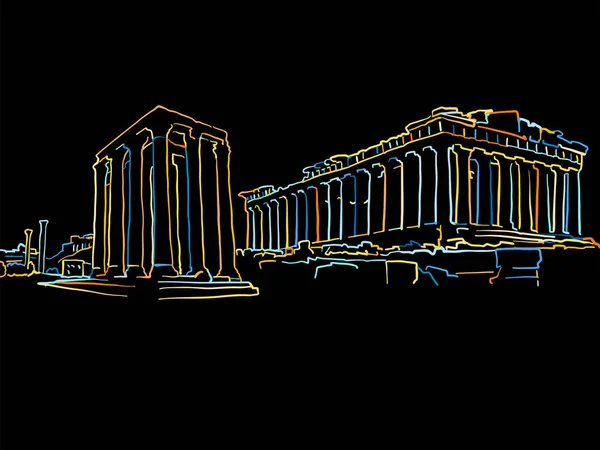 Colorato Atene Grecia Disegno Sul Nero — Vettoriale Stock