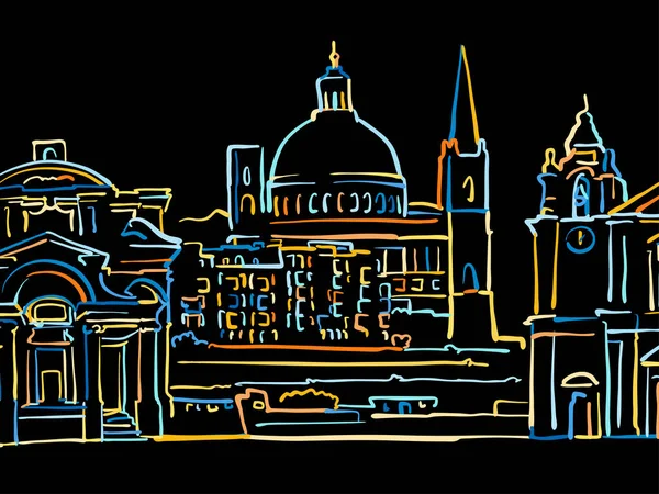 Colorido Valletta Dibujo Sobre Negro — Vector de stock