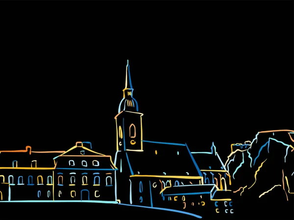 Kleurrijke Bratislava Panorama Tekening Zwart — Stockvector