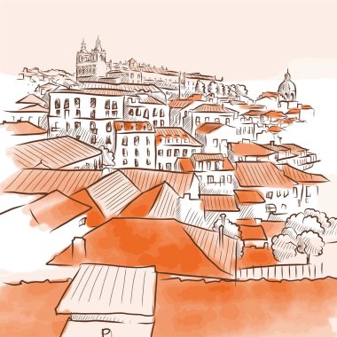 Lizbon şehri manzaralı çizim. Şehir manzaralı suluboya çizim - vektör içinde elle çizilmiş çizim çizimi.