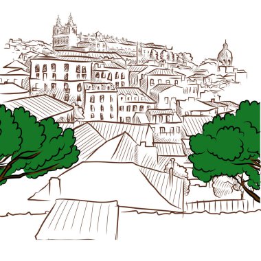 Lizbon 'un çatıları. Portekiz, Lisboa 'dan el çizimi vektör çizimleri.