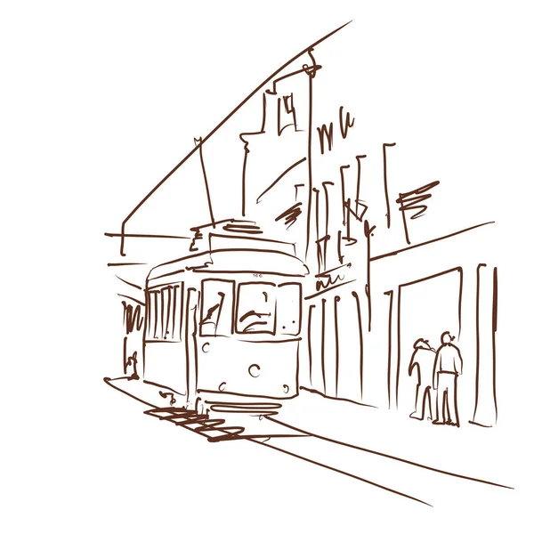 Trens Antigos Lisboa Ilustração Vetorial Eléctrico Cidade Lisboa Esboço Esboço —  Vetores de Stock