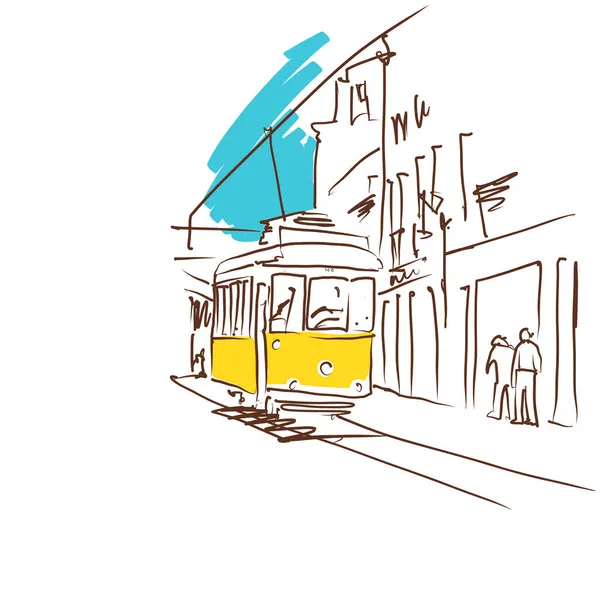 Старий Трамвай Лісабоні Їде Через Криву Векторну Ілюстрацію Намальований Лісабонським — стоковий вектор