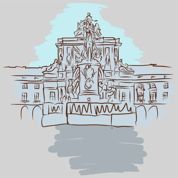 Lissabon Commerce Square Vectortekening Arco Triunfal Rua Augusta Handel Vierkante — Stockvector