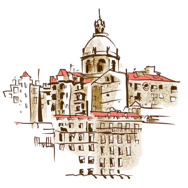 Ancient panorama of Lisbon, Portugal. drawing of urban landscape in hand drawn sketch style. Vector illustration on white background.