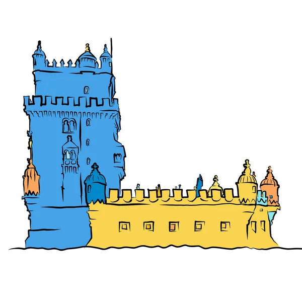 Torre Belém Azul Amarelo Viaje Para Portugal Ilustração Plana Vetorial — Vetor de Stock