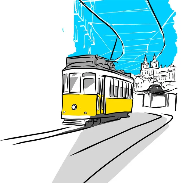 Alfama区典型的28号车听着 Portugal 28号线是游客最常用的路线之一 手绘矢量草图 — 图库矢量图片
