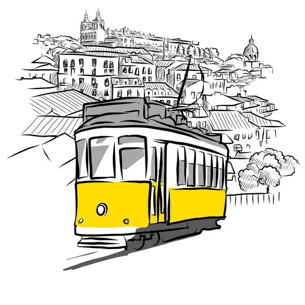 有轨电车和古代全景 葡萄牙里斯本手工绘制的病媒草图 — 图库矢量图片