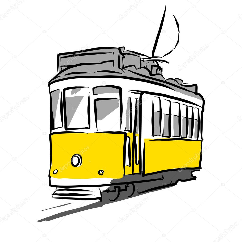 A typical tram 28 in Alfama district. LISBON, PORTUGAL. Hand drawn vector sketch separated on white background