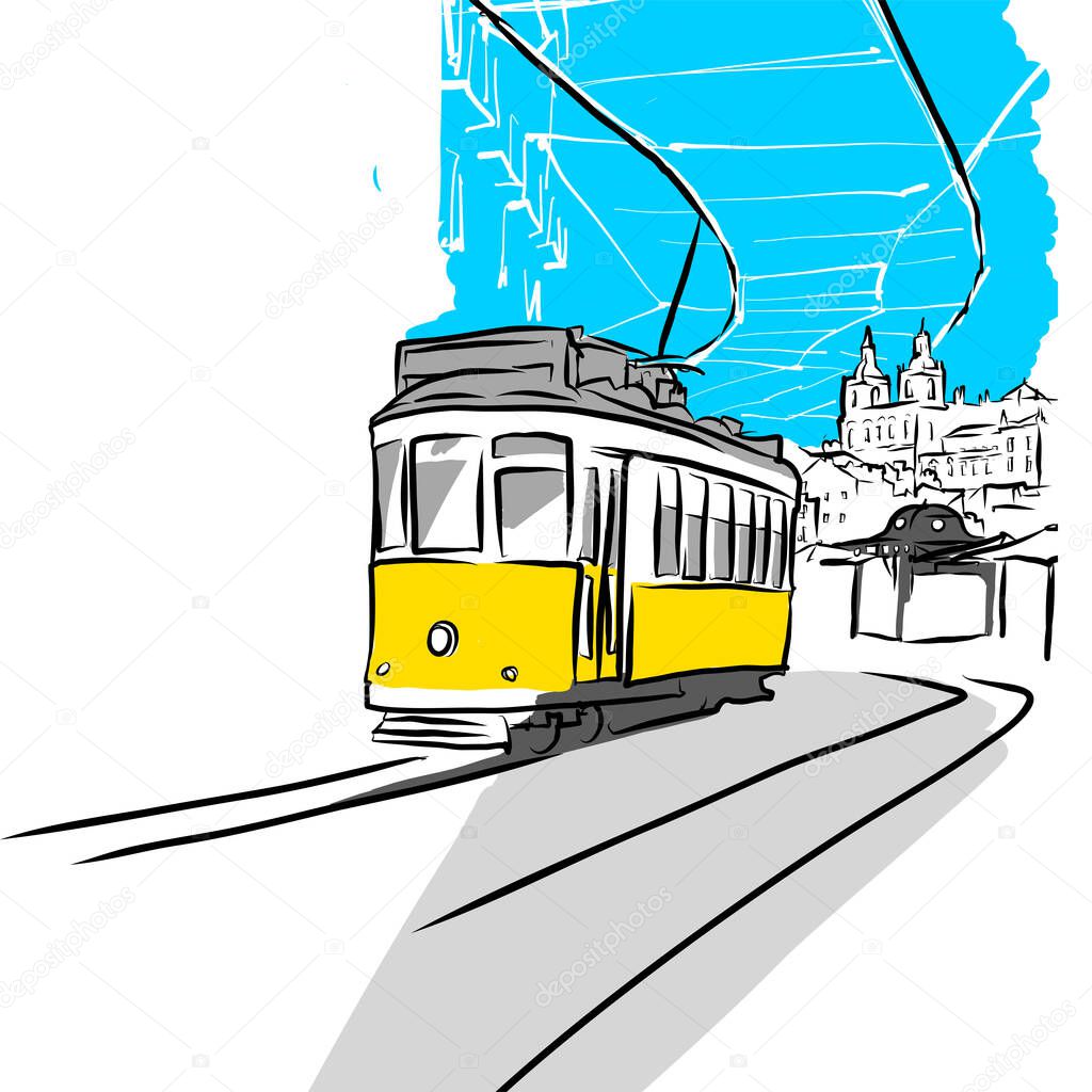 A typical tram 28 in Alfama district. LISBON, PORTUGAL. The 28 line is one of the most used by tourists. Hand drawn vector sketch.