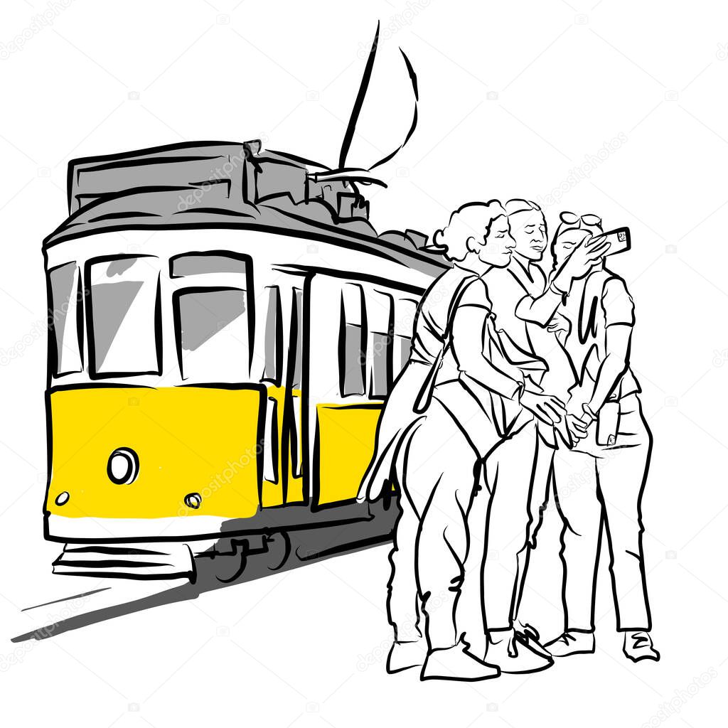 A typical tram 28 in Alfama district. LISBON, PORTUGAL. The 28 line is one of the most used by tourists. Hand drawn vector sketch.