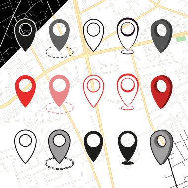 Harita Vektör Resimlerinde İşaretçi Koleksiyonu. Farklı aydınlık ve karanlık arka planlar tasarlamak için olağan simgeler. Vektör Simgeleri Gruplandırılmış Semboller.