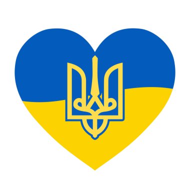 Ukrayna arması dalgalı bayrak şeklinde bir kalp ikonu üzerinde. Ukrayna renklerinde web ve baskı konseptleri için vektör simgesi. Özgürlük sembolü, simge, düğme.