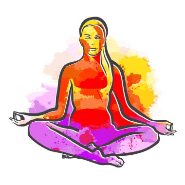 Renkli Siddhasana Mükemmel Yoga Pozu. El çizimi vektör sanatı. Ağ ve yazdırma amaçları için ortalanmış yerleşim.
