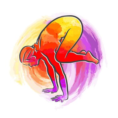 Renkli Backasana Yoga Pozu. El çizimi vektör sanatı. Ağ ve yazdırma amaçları için ortalanmış yerleşim.