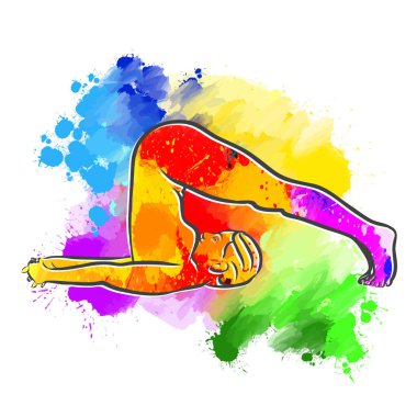 Renkli Halasana Pulluk Yoga Pozu. El çizimi vektör sanatı. Ağ ve yazdırma amaçları için ortalanmış yerleşim.
