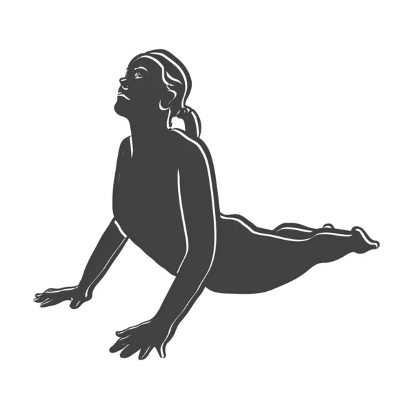 黑色Bhujangasana Cobra Yoga Pose轮廓图标 用手工绘制的矢量图解 在黑色形状上隔离的白线 — 图库矢量图片