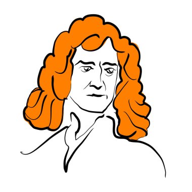 Isaac Newton yüzeyi saç için çiziyor. Sanatçı Knut Hebstreit 'in el çizimi taslağı. Herhangi bir pazarlama projesinde kullanılmak üzere çizim yapmak ve baskı olarak yeniden satmak.