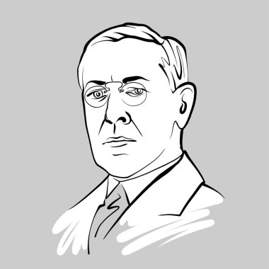 Woodrow Wilson modern vektör çizimi. Sanatçı Knut Hebstreit 'in el çizimi taslağı. Herhangi bir pazarlama projesinde kullanılmak üzere çizim yapmak ve baskı olarak yeniden satmak.