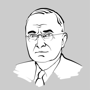 Harry S. Truman modern vektör çizimi. Sanatçı Knut Hebstreit 'in el çizimi taslağı. Herhangi bir pazarlama projesinde kullanılmak üzere çizim yapmak ve baskı olarak yeniden satmak.