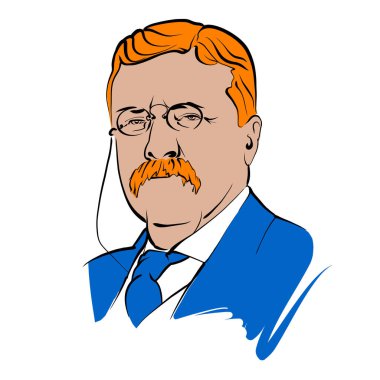 Renkli yüzeyli Theodore Roosevelt vektör çizimi. Sanatçı Knut Hebstreit 'in el çizimi taslağı. Herhangi bir pazarlama projesinde kullanılmak üzere çizim yapmak ve baskı olarak yeniden satmak.