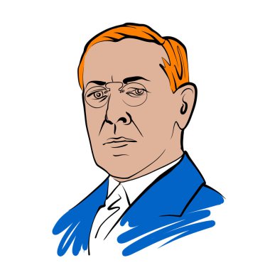 Renkli yüzeyi olan Woodrow Wilson vektör çizimi. Sanatçı Knut Hebstreit 'in el çizimi taslağı. Herhangi bir pazarlama projesinde kullanılmak üzere çizim yapmak ve baskı olarak yeniden satmak.
