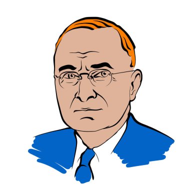 Renkli yüzeyli Harry S. Truman vektör çizimi. Sanatçı Knut Hebstreit 'in el çizimi taslağı. Herhangi bir pazarlama projesinde kullanılmak üzere çizim yapmak ve baskı olarak yeniden satmak.
