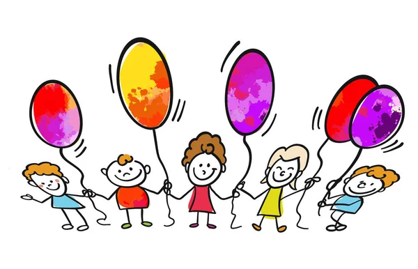 Kinderen Met Ballonnen Echt Met Hand Tekenen Kleurrijk Vectorteken — Stockvector
