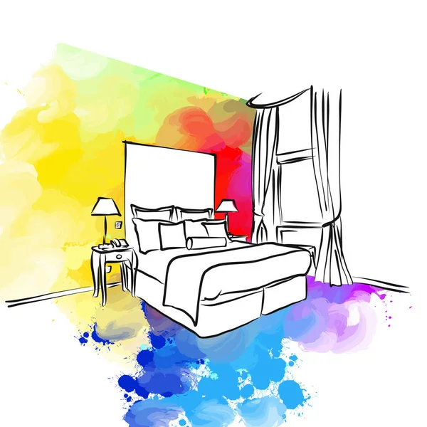 Creative Hotel Room Appartement Coloré Vrai Dessin Main Signe Vectoriel — Image vectorielle