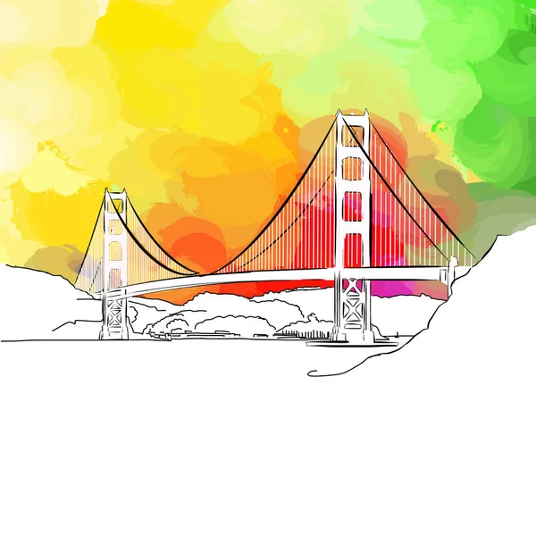 Golden Gate Bridge Real Drawing Hand Colorful Vector Sign — Stock Vector
