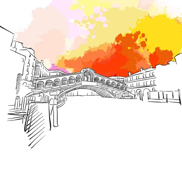 ヴェネツィア橋 本物の絵を手描き カラフルなベクトル記号 — ストックベクタ