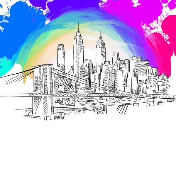 Metropolis Skyline Dibujo Real Mano Signo Vectorial Colorido — Vector de stock