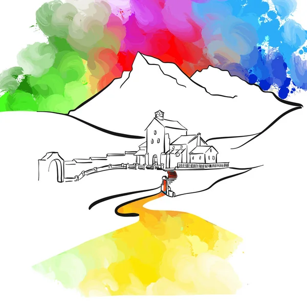 Montañas Románticas Panorama Dibujo Real Mano Signo Vectorial Colorido — Vector de stock