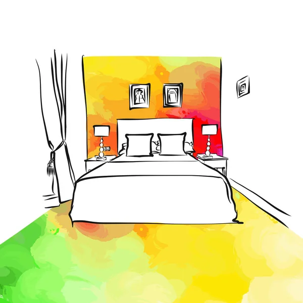 カラフルなベッドルーム 本物の絵を手描き カラフルなベクトル記号 — ストックベクタ