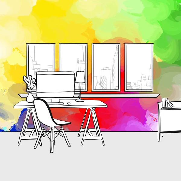 Kreativ Arbetsplats Riktig Teckning För Hand Färgglada Vektortecken — Stock vektor