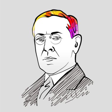 Woodrow Wilson renkli saç vektörü çizimi. Elle çizilmiş taslak. Herhangi bir pazarlama projesinde kullanılmak üzere çizim yapmak ve baskı olarak yeniden satmak.