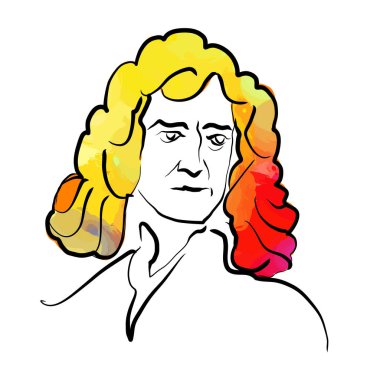 Isaac Newton renkli saç vektörü çizimi. Elle çizilmiş taslak. Herhangi bir pazarlama projesinde kullanılmak üzere çizim yapmak ve baskı olarak yeniden satmak.